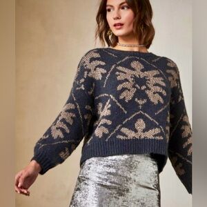 NKN Nekane Akina Blue Jacquard Knit Sweater Metallic Floral Motif